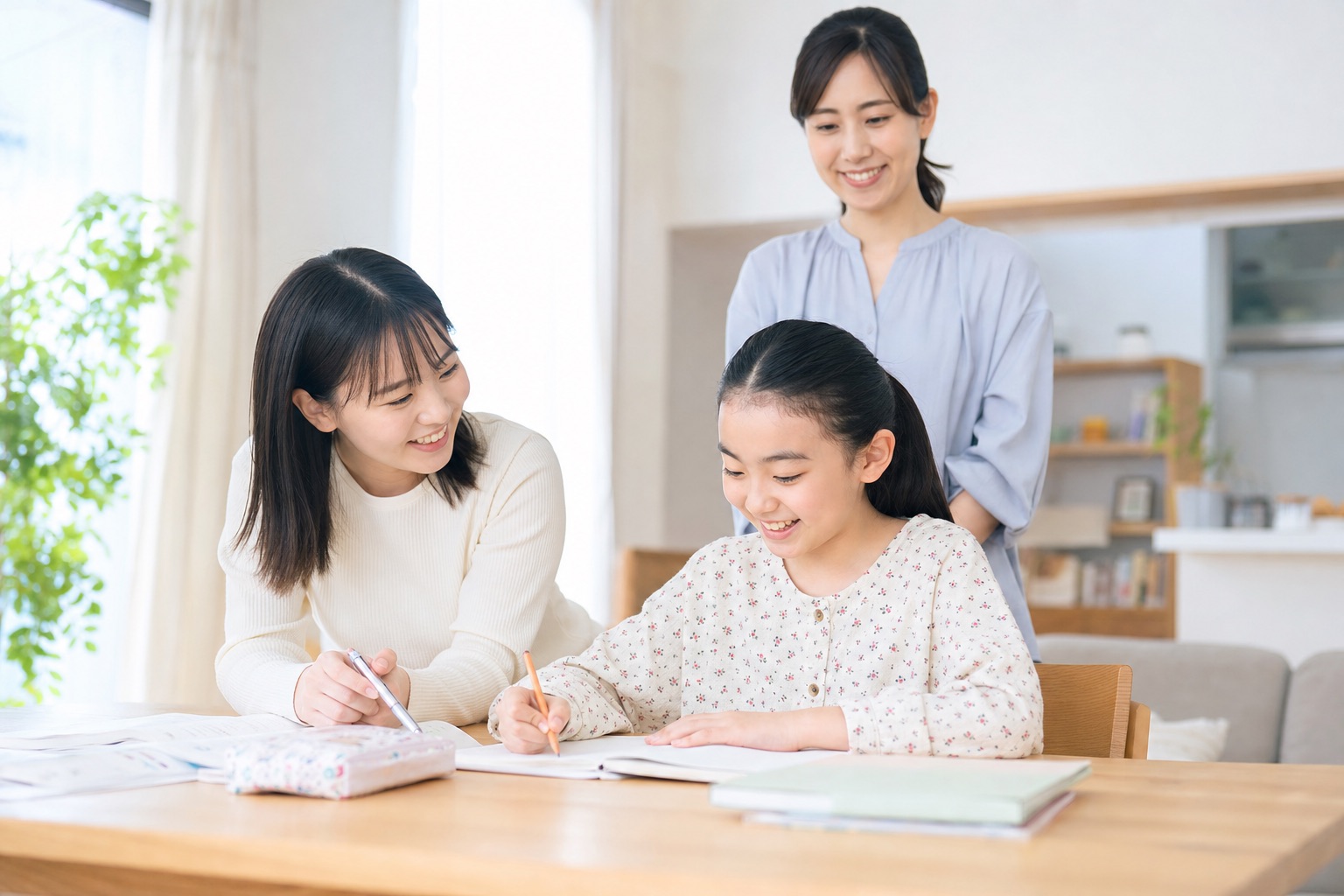 リビングで家庭教師と学ぶ子どもと見守る保護者