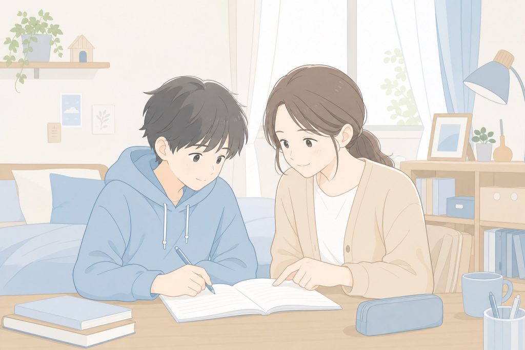 自宅で家庭教師と学ぶ中学生
