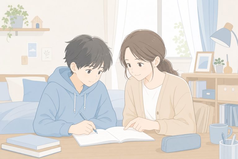 自宅で家庭教師と学ぶ中学生