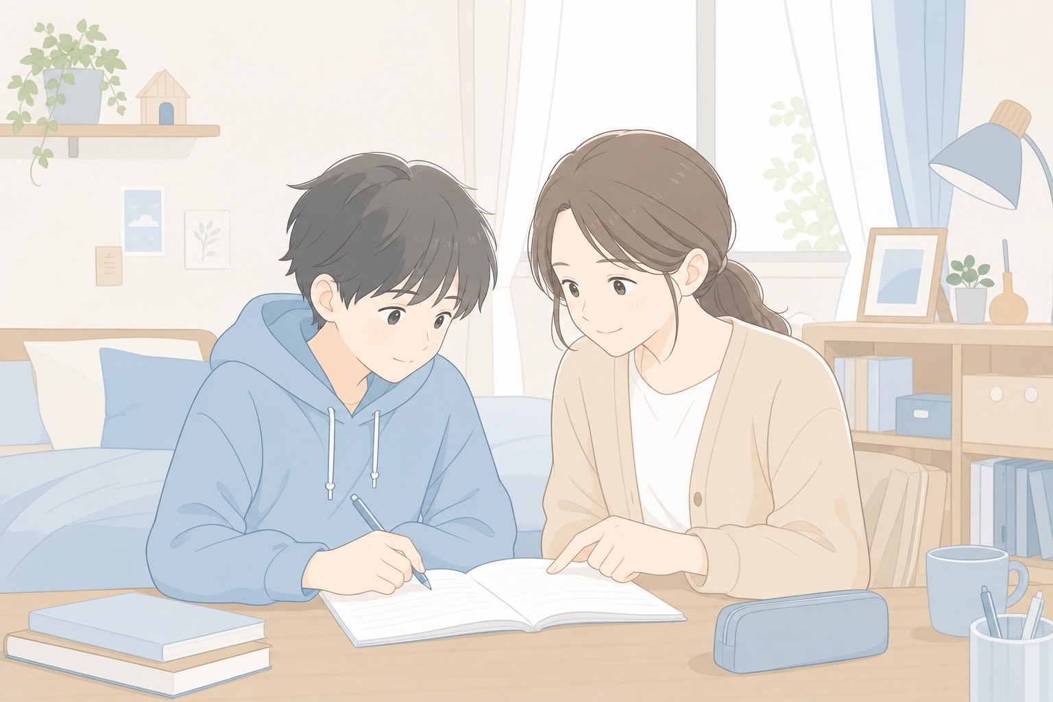 自宅で家庭教師と学ぶ中学生