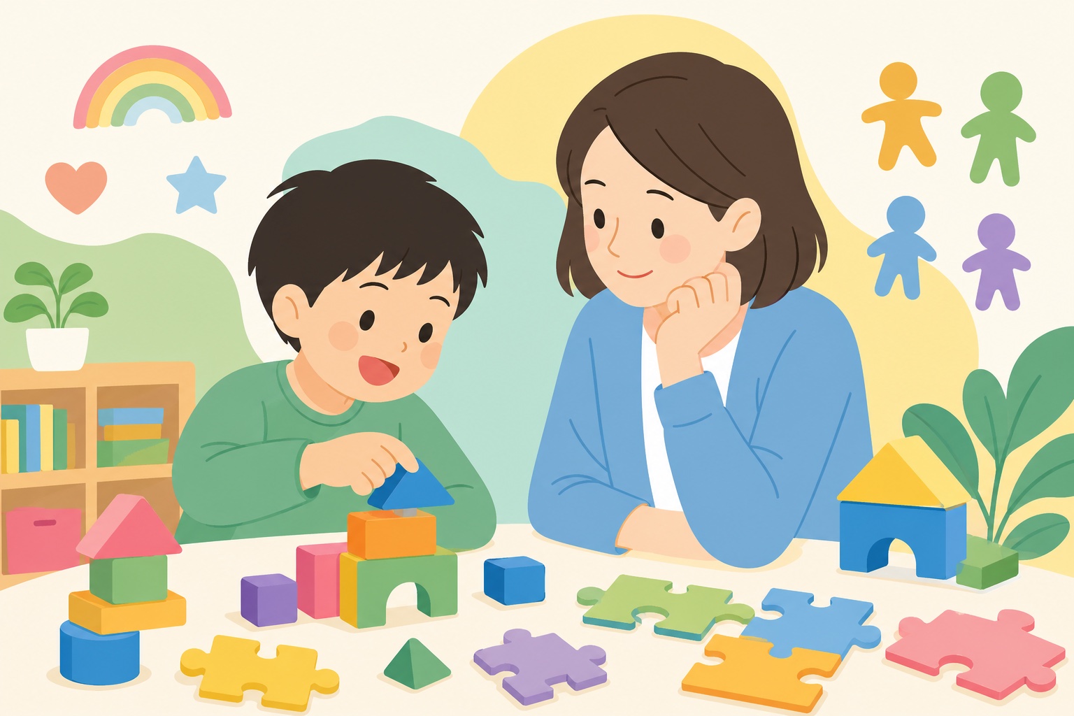 リビングで先生と1対1で学ぶ子どものイラスト