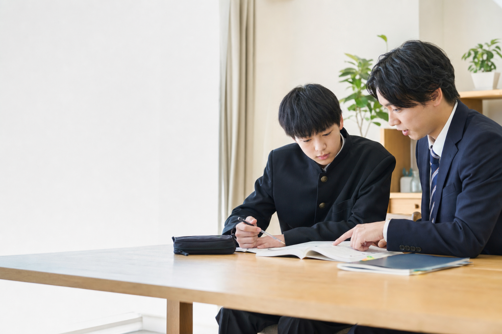 ダイニングで高校入試の過去問を挟んで向き合う中学生と家庭教師