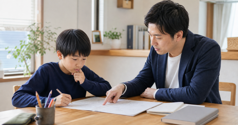 中学受験の算数問題を家庭教師と確認する小学生